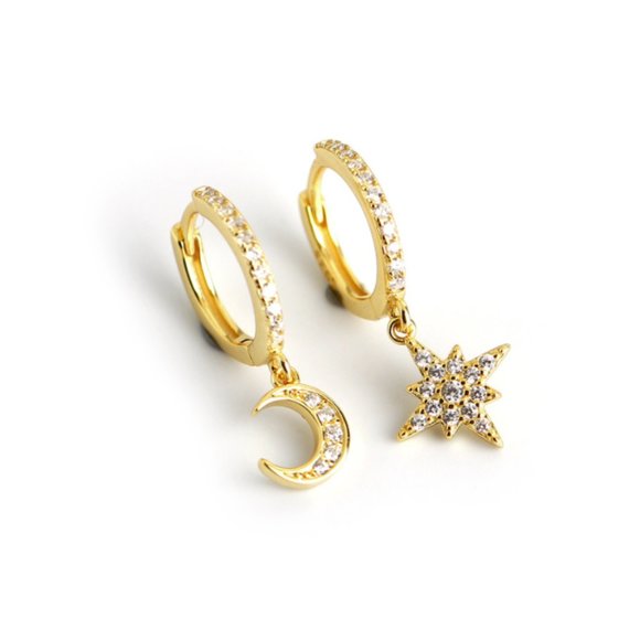 Gold Vermeil Crescent Moon Star Earrings Zodiac Asymmetric Hoop Huggie Earrings - Picture 5 of 5